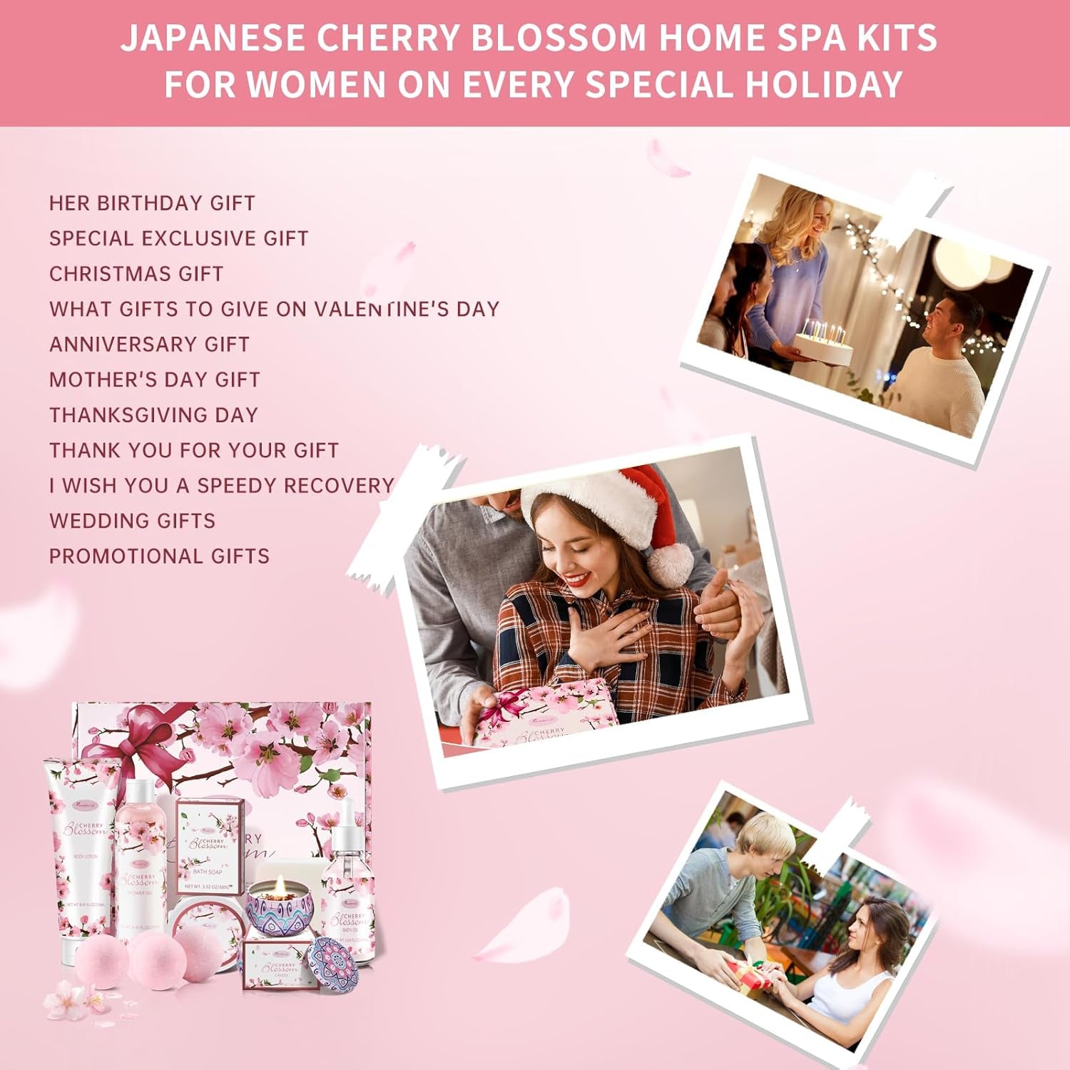 Bath and Body Gift Set for Women & Girls - Japanese Cherry Blossom 7-Piece Luxurious Home Spa Gift Set with Shower Gel, Body Lotion, Bath Oil, Bath Salts, Soap, Bath Bombs, and Candle