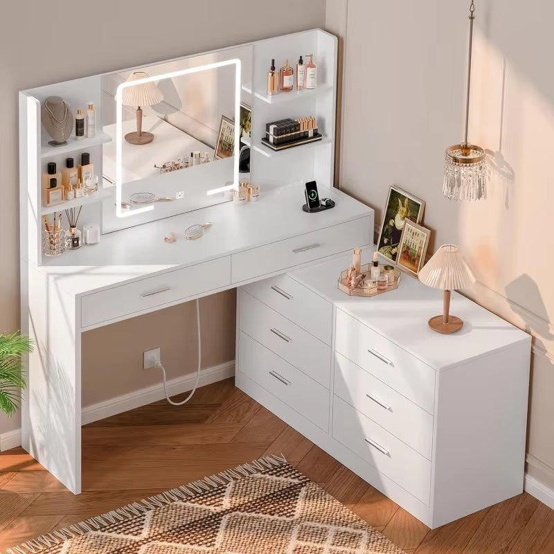 65.9'' Vanity Desk with LED Lighted Mirror;Power Outlet,Modern Corner Makeup Vanity Table 8 Drawers; Open Shelve, Dressing Table