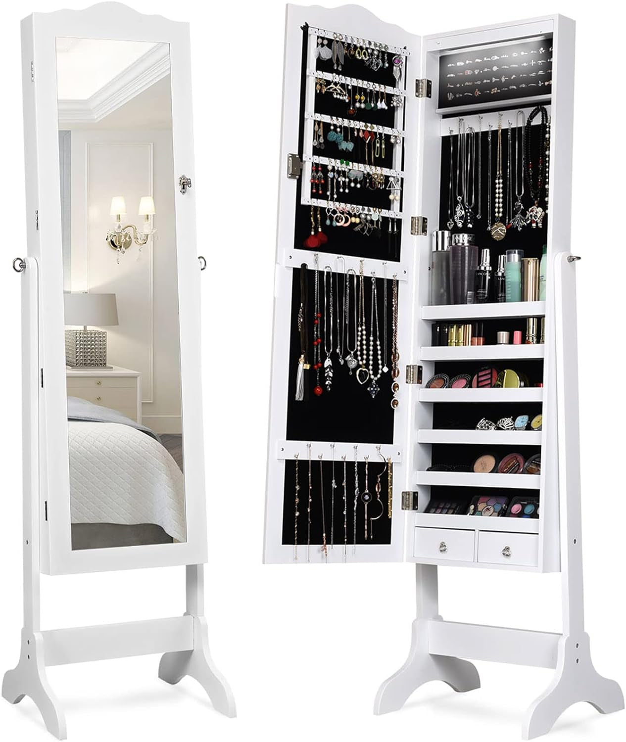 Jewelry Armoire Organizer with Full Length Mirror, 14 Leds Floor Standing Jewelry Cabinet with 2 Drawers, 4 Adjustable Angles, Lockable Jewelry Storage Box Cabinet (White)