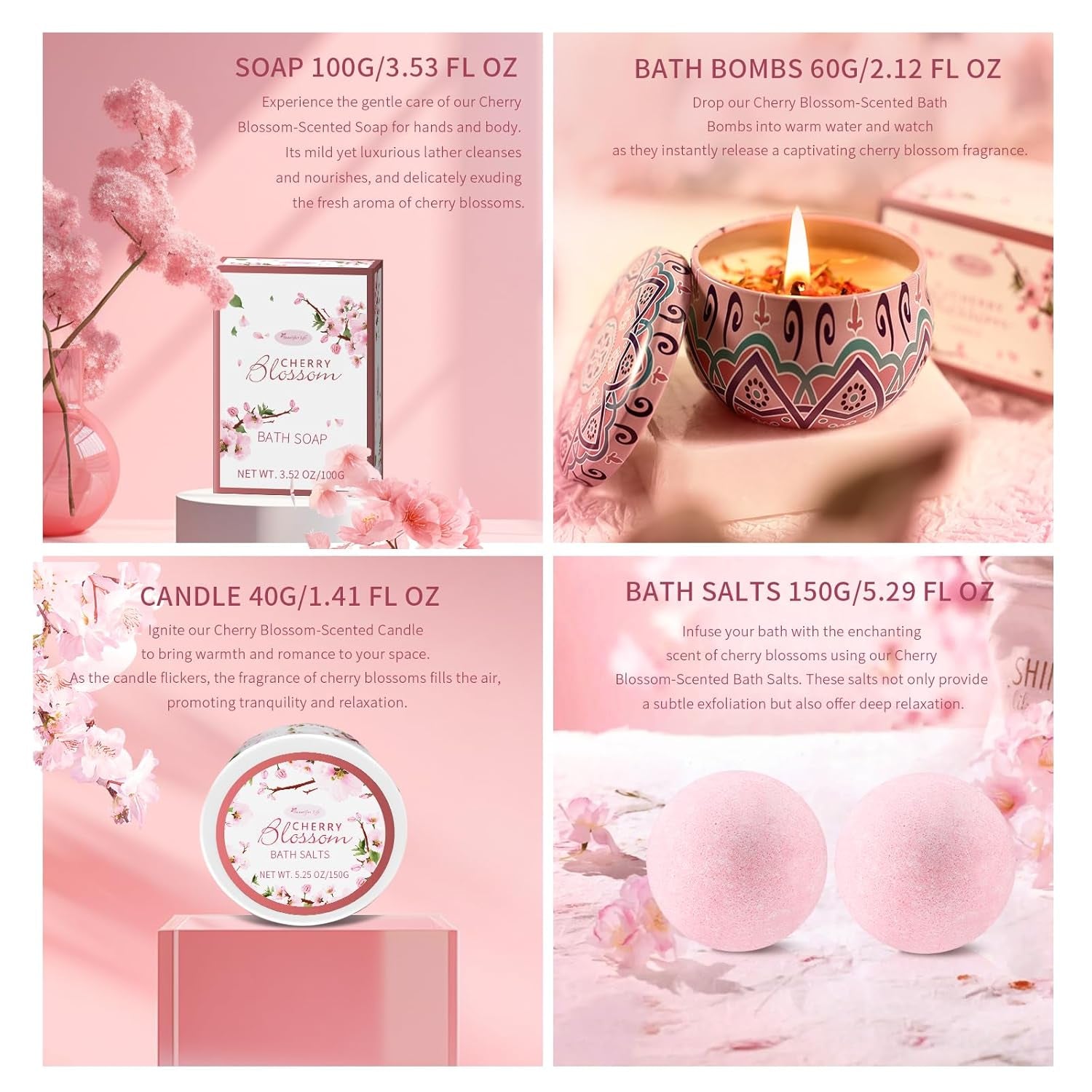 Bath and Body Gift Set for Women & Girls - Japanese Cherry Blossom 7-Piece Luxurious Home Spa Gift Set with Shower Gel, Body Lotion, Bath Oil, Bath Salts, Soap, Bath Bombs, and Candle