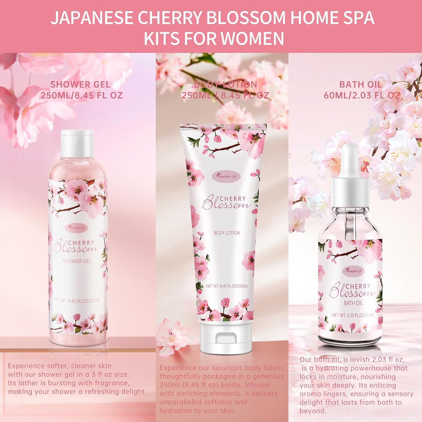 Bath and Body Gift Set for Women & Girls - Japanese Cherry Blossom 7-Piece Luxurious Home Spa Gift Set with Shower Gel, Body Lotion, Bath Oil, Bath Salts, Soap, Bath Bombs, and Candle