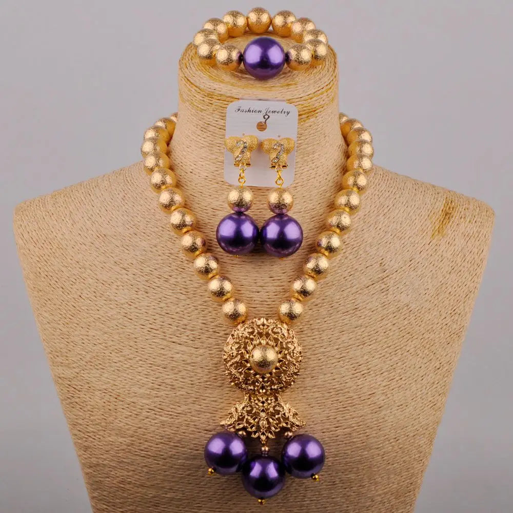 Wedding Jewelry Fashion Purple Glass Pearl Necklace African Wedding Bead Nigerian Bride Wedding Jewelry Set SH-53