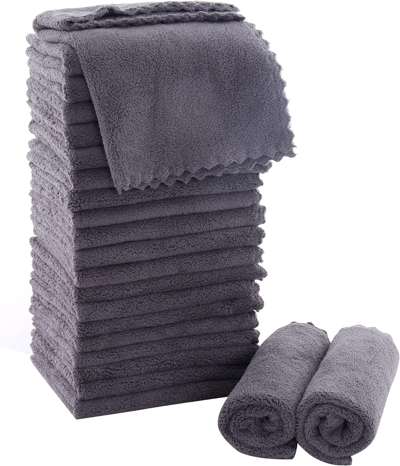 Ultra Soft Premium Washcloths Set - 12 X 12 Inches - 24 Pack - Quick Drying - Highly Absorbent Coral Velvet Bathroom Wash Clothes - Use as Bath, Spa, Facial, Fingertip Towel (Grey)