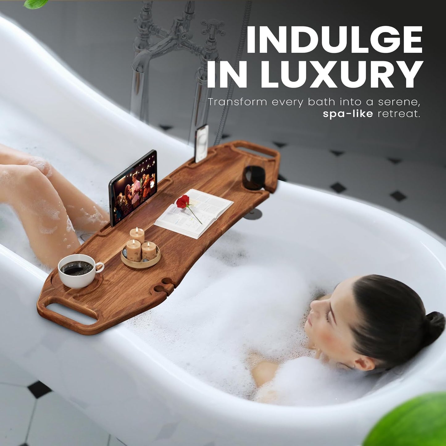 Acacia Bathtub Caddy Tray Table | 35X9 Inch Large Bath Tub Tray Wooden | Anti-Tipping, Sustainable Tub Tray for Bathtub (Acacia, 35X9)