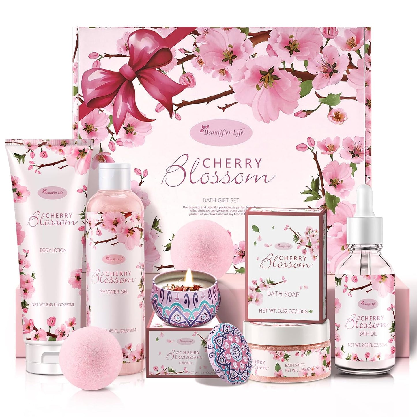 Bath and Body Gift Set for Women & Girls - Japanese Cherry Blossom 7-Piece Luxurious Home Spa Gift Set with Shower Gel, Body Lotion, Bath Oil, Bath Salts, Soap, Bath Bombs, and Candle