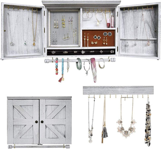 Rustic Wall Mounted Jewelry Organizer,Vintage Wooden Hanging Jewelry Holder Box with Barndoor Decor for Necklaces, Earings, Bracelets, Rings, Accessories. Includes Hook Organizer