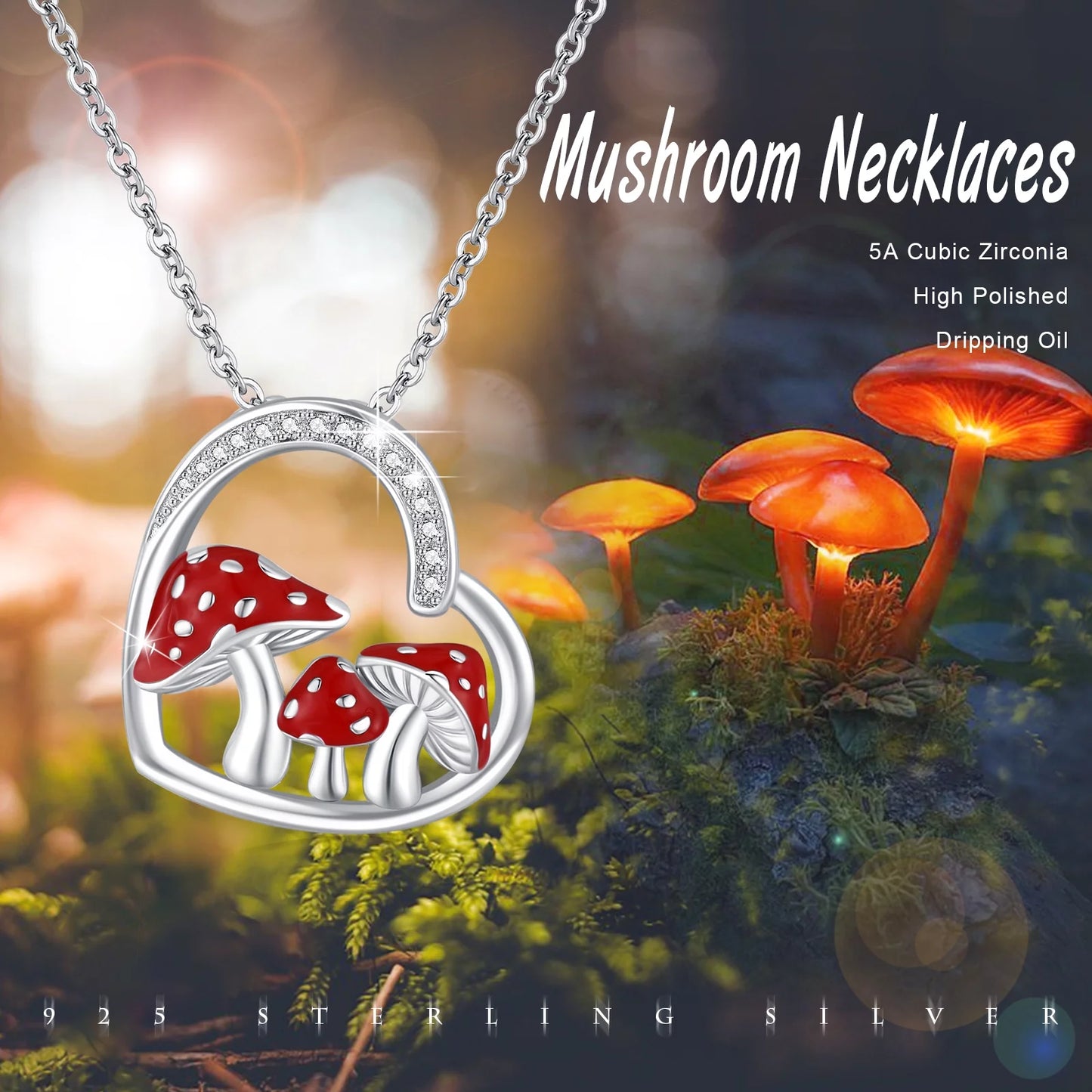 Mushroom Necklace 925 Sterling Silver Heart Pendant Necklaces Birthday Xmas Gift Jewelry for Women Mom Daughter Wife