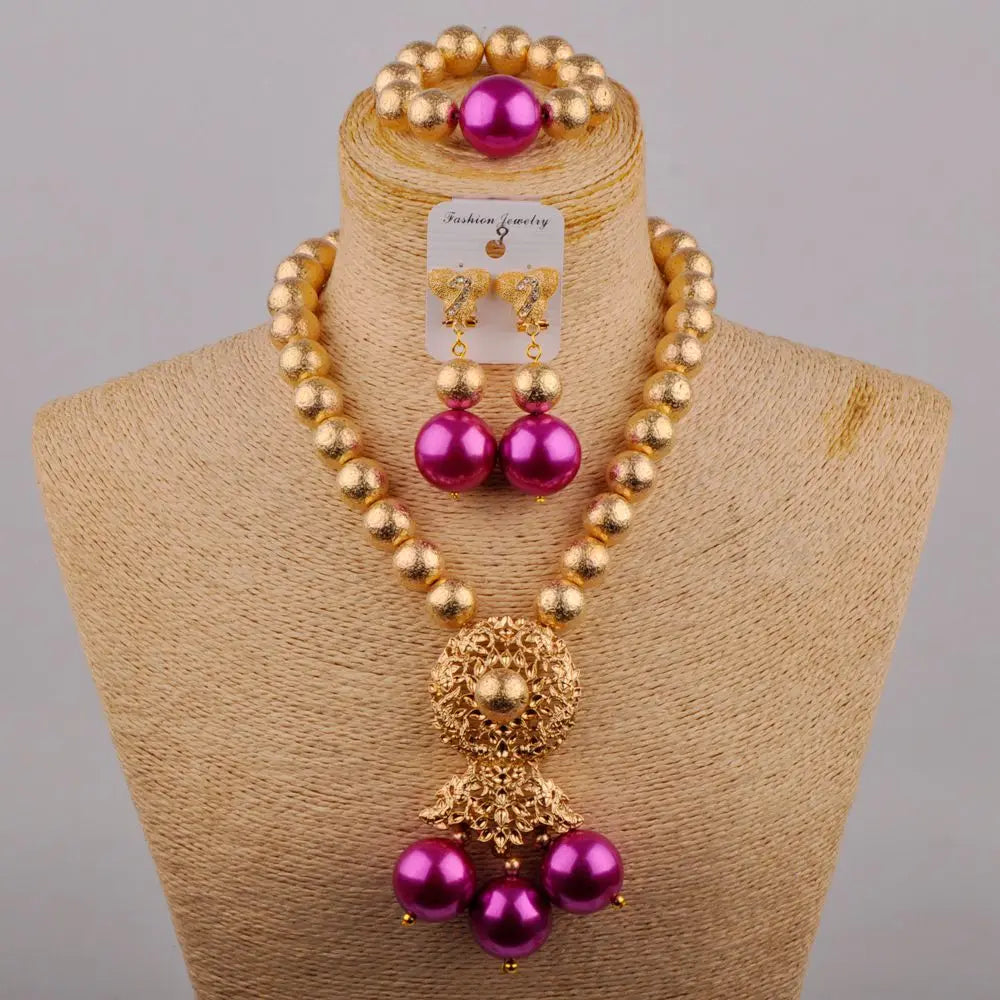 Wedding Jewelry Fashion Purple Glass Pearl Necklace African Wedding Bead Nigerian Bride Wedding Jewelry Set SH-53