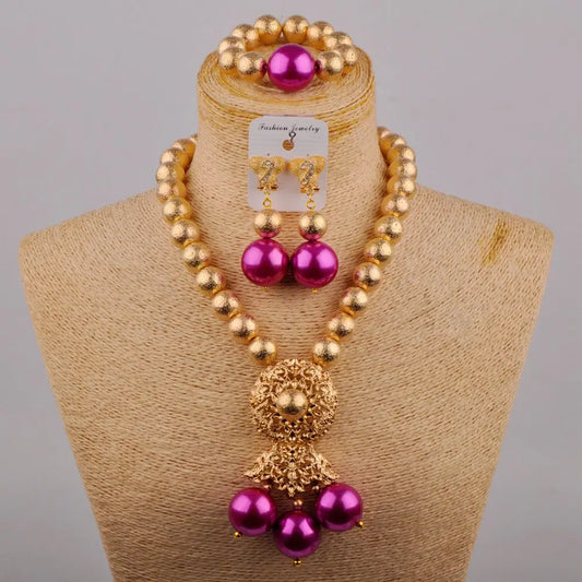 Wedding Jewelry Fashion Purple Glass Pearl Necklace African Wedding Bead Nigerian Bride Wedding Jewelry Set SH-53