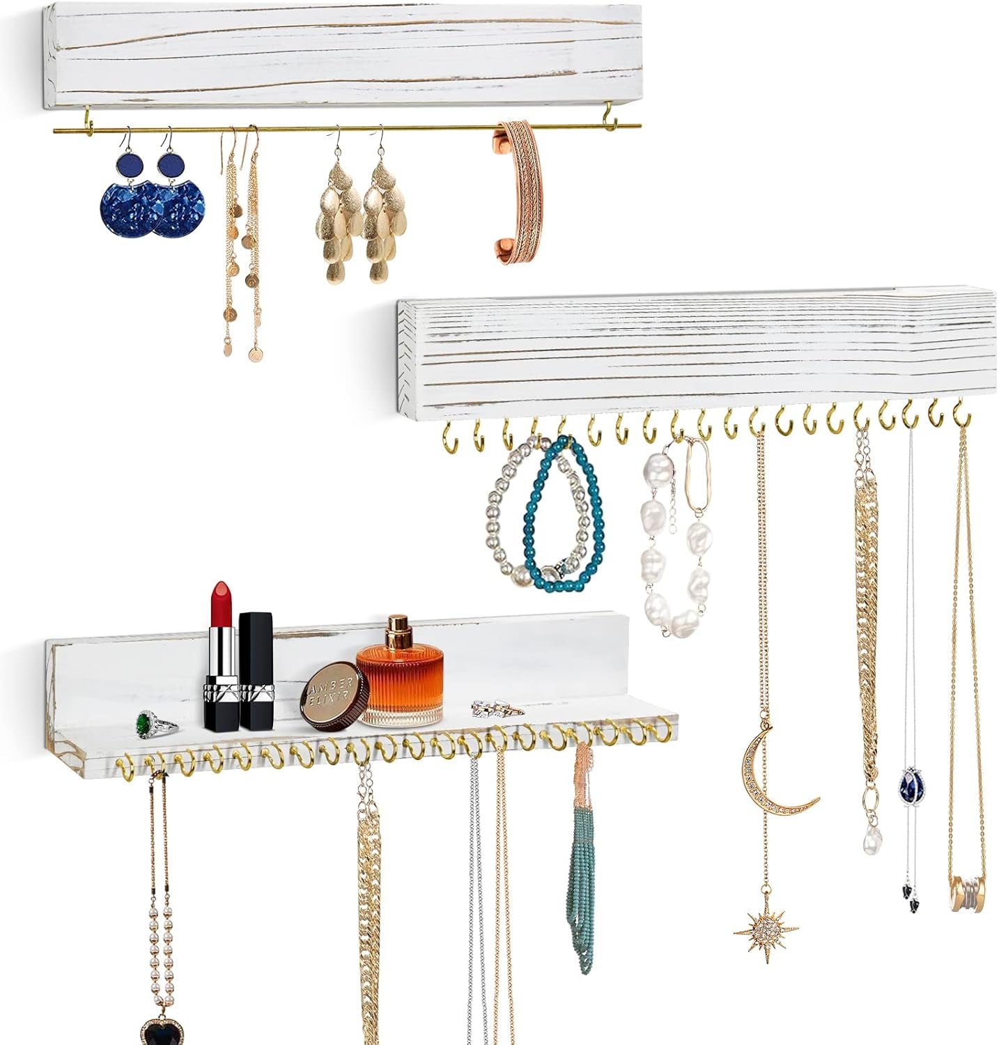 Jewelry Organizer Hanging, Wall Jewelry Organizer for Hanging Rings Necklace Organizer Earring Holder Organizer,Jewelry Display with Removable Bracelet Rod and 24 Hooks as Women Gift