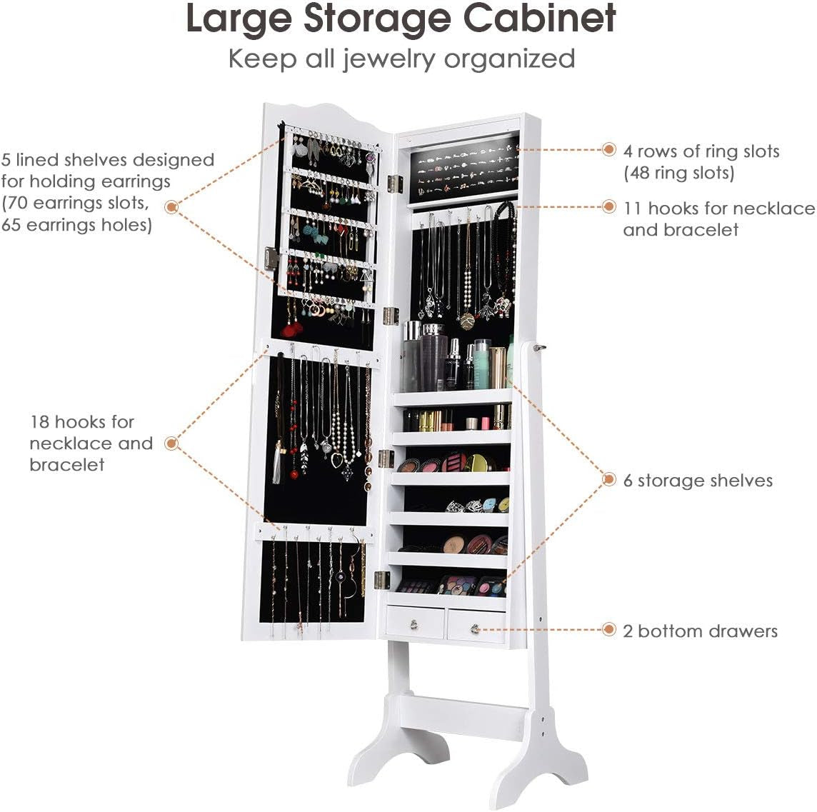 Jewelry Armoire Organizer with Full Length Mirror, 14 Leds Floor Standing Jewelry Cabinet with 2 Drawers, 4 Adjustable Angles, Lockable Jewelry Storage Box Cabinet (White)