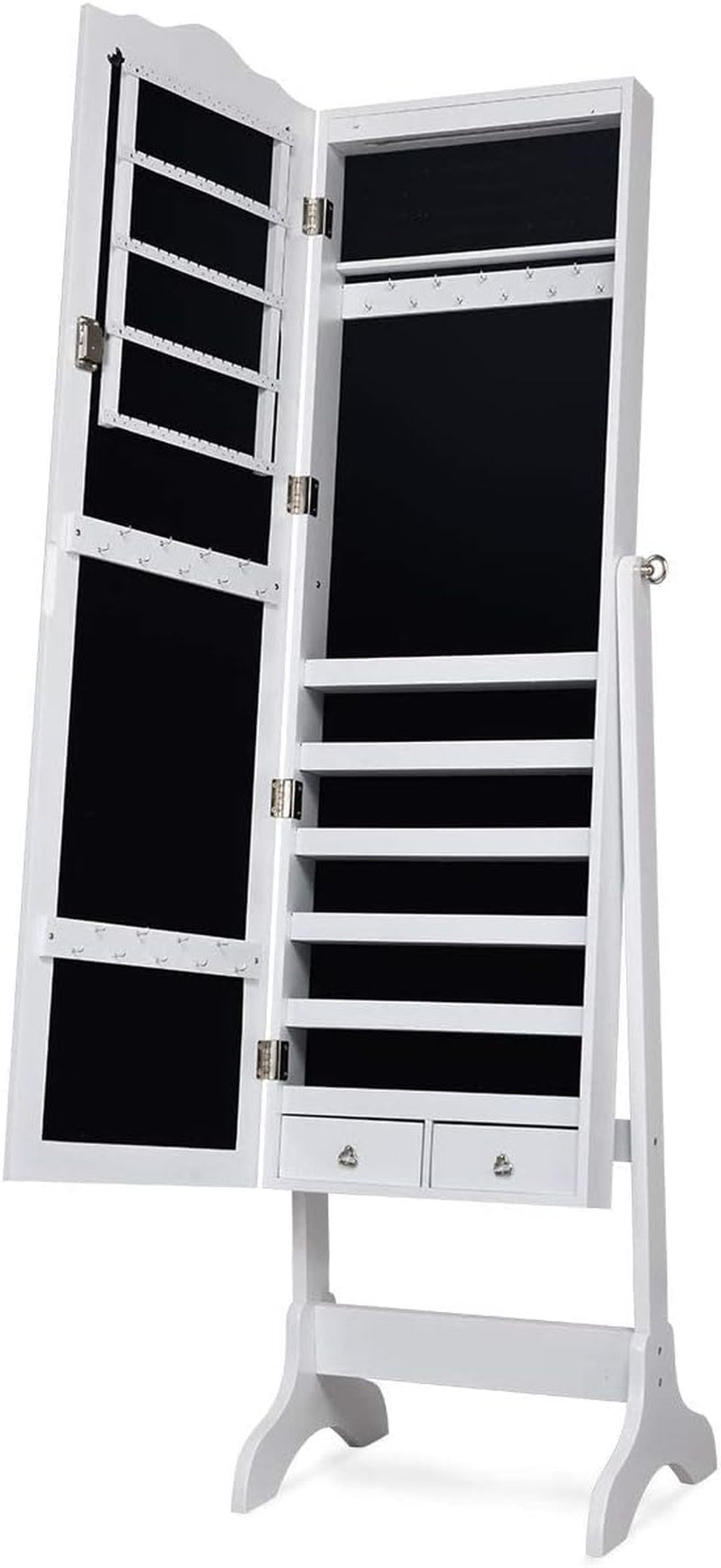 Jewelry Armoire Organizer with Full Length Mirror, 14 Leds Floor Standing Jewelry Cabinet with 2 Drawers, 4 Adjustable Angles, Lockable Jewelry Storage Box Cabinet (White)