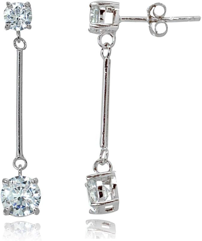 Sterling Silver Cubic Zirconia round Statement Bar Dangle Drop Earrings