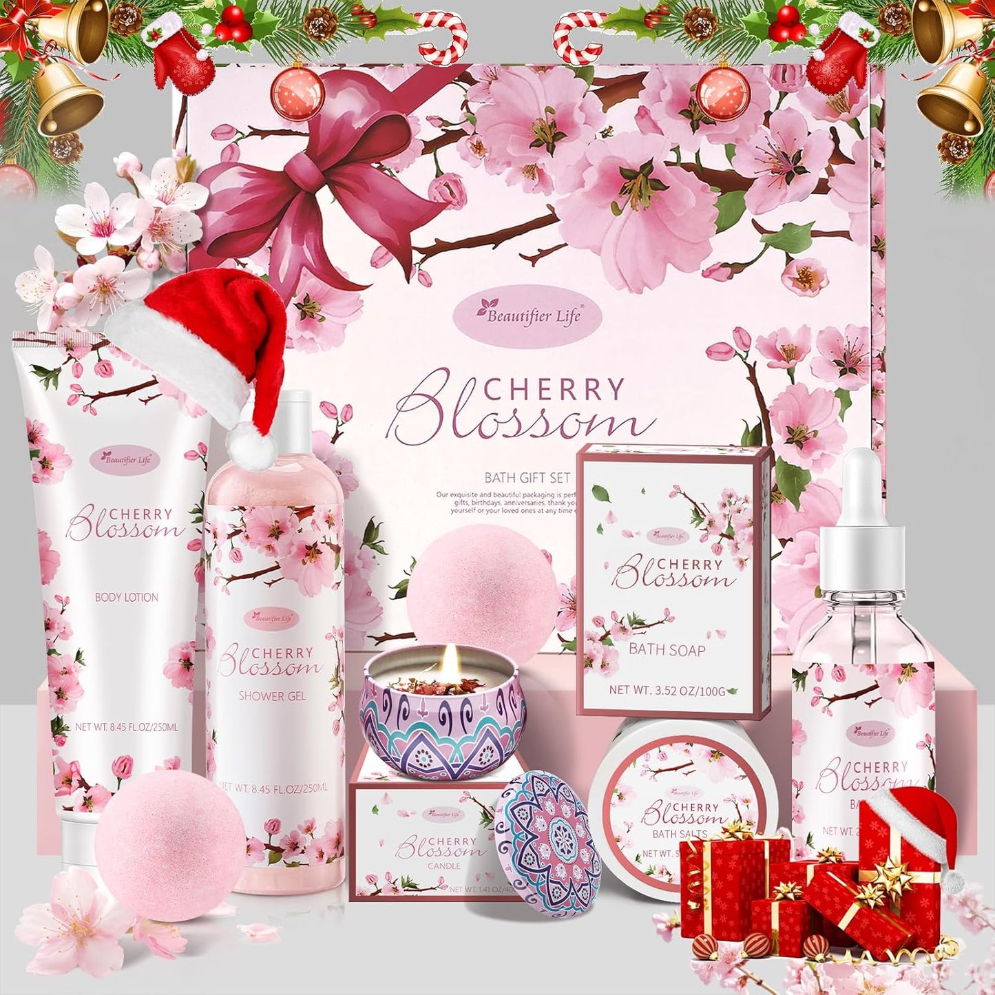 Bath and Body Gift Set for Women & Girls - Japanese Cherry Blossom 7-Piece Luxurious Home Spa Gift Set with Shower Gel, Body Lotion, Bath Oil, Bath Salts, Soap, Bath Bombs, and Candle