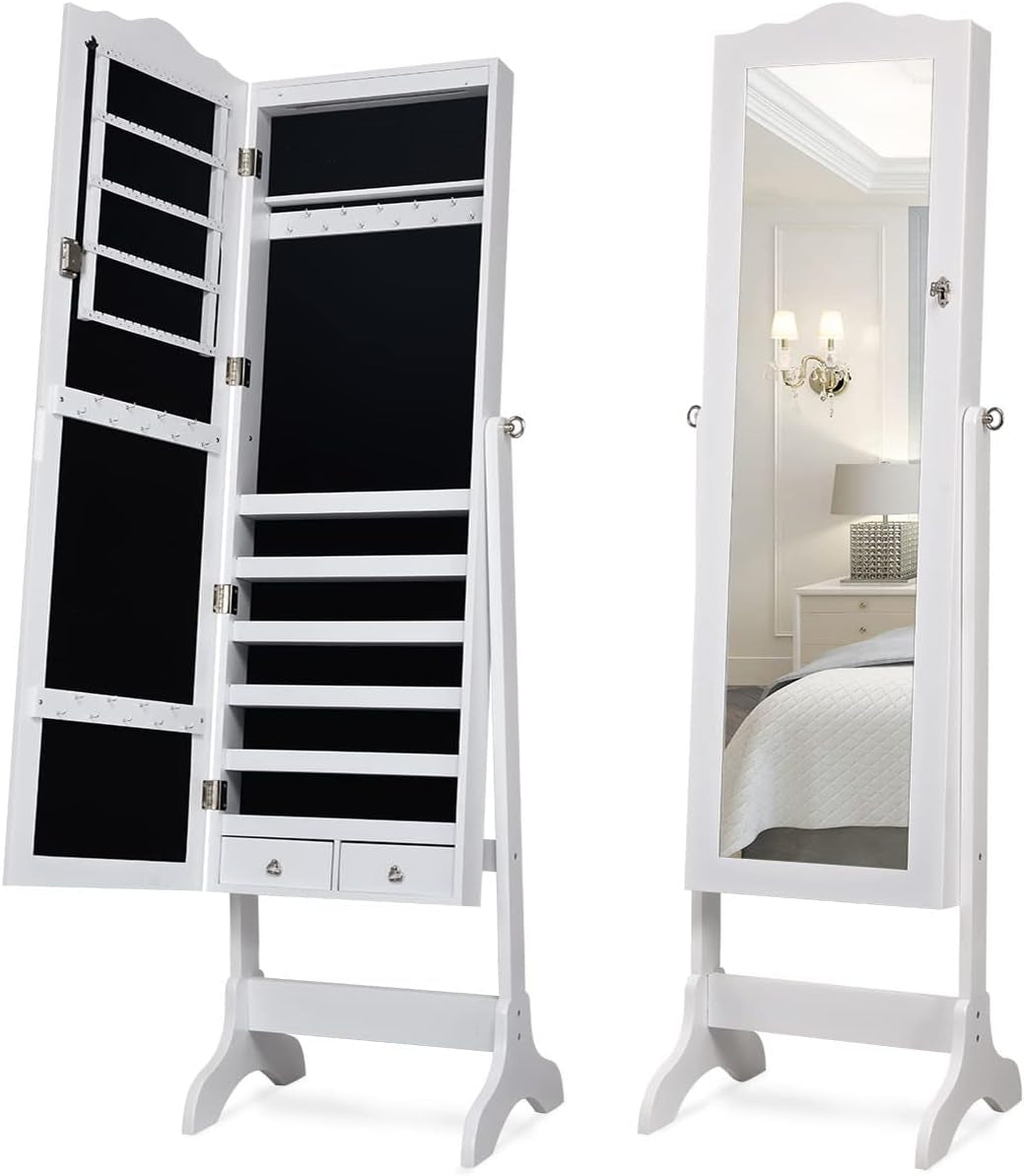 Jewelry Armoire Organizer with Full Length Mirror, 14 Leds Floor Standing Jewelry Cabinet with 2 Drawers, 4 Adjustable Angles, Lockable Jewelry Storage Box Cabinet (White)