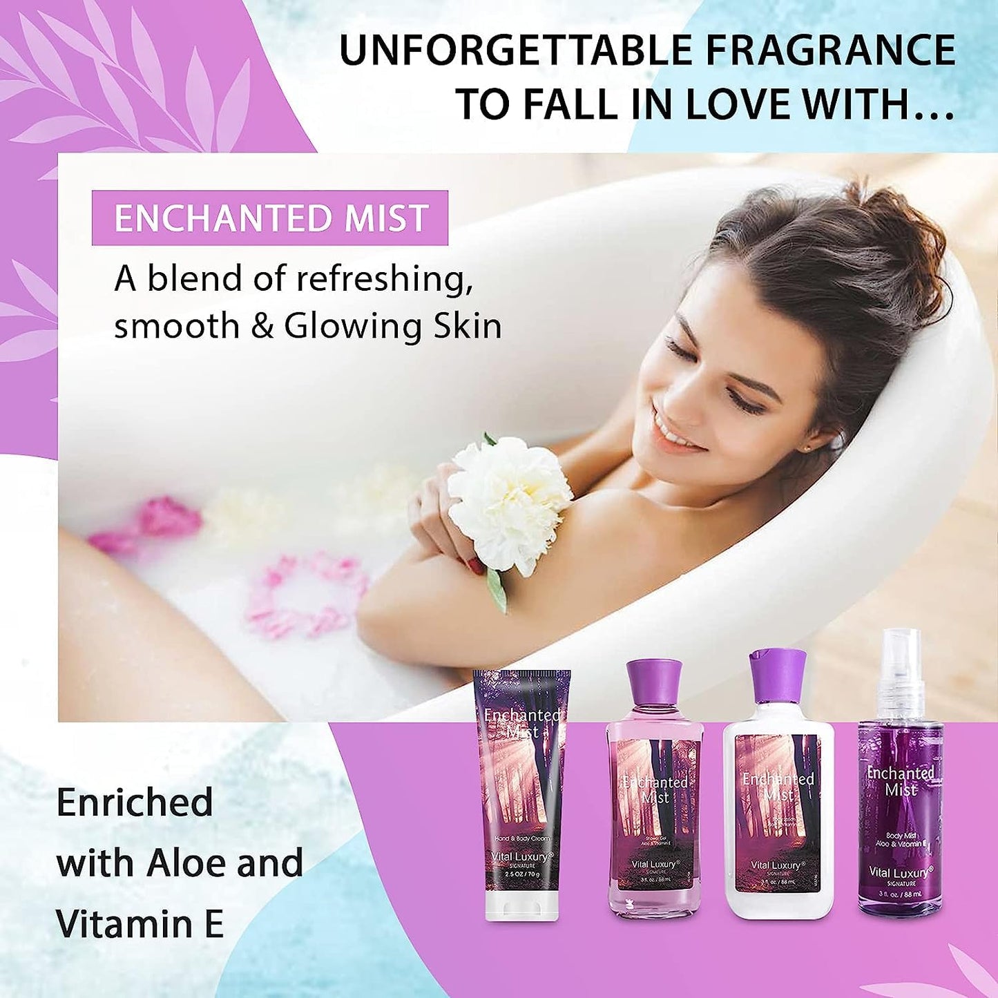 Enchanted Mist Scent Bath & Body Kit, 3 Fl Oz, Ideal Skincare Home Spa Set, Includes Body Lotion, Shower Gel, Body Cream, and Fragrance Mist