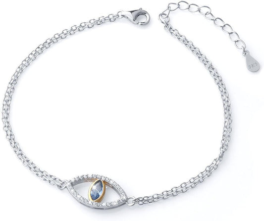 925 Sterling Silver Double Strand Cubic Zirconia Evil Eye Bracelet Protection Jewelry for Women