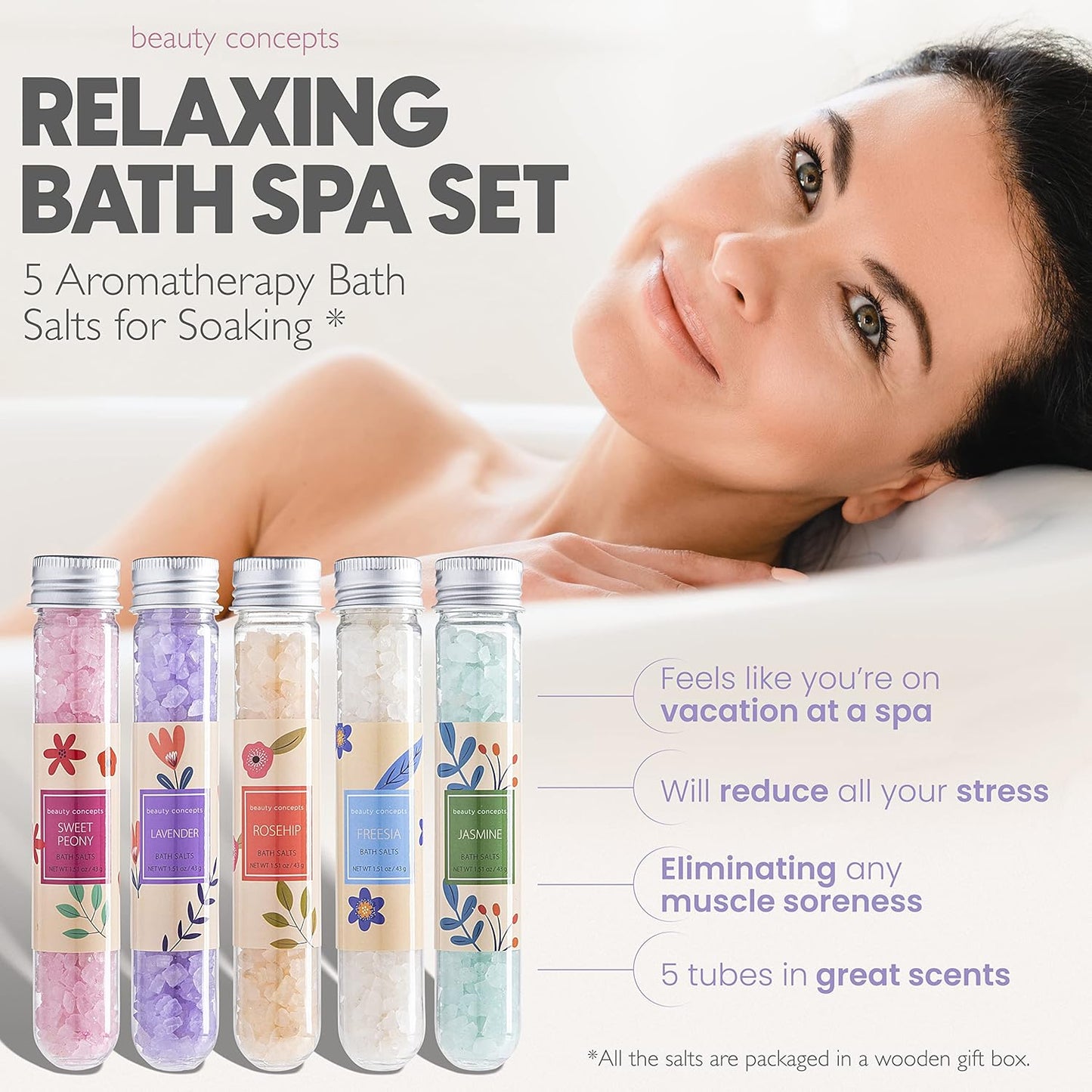 B.C. Beauty Concepts Aromatherapy Bath Salts- Epsom Salts for Soaking, Relaxing Bath Spa Set, Scented in Vanilla Almond, Shea Butter, Sweet Mint, Honey Rose, and Lavender, Floral