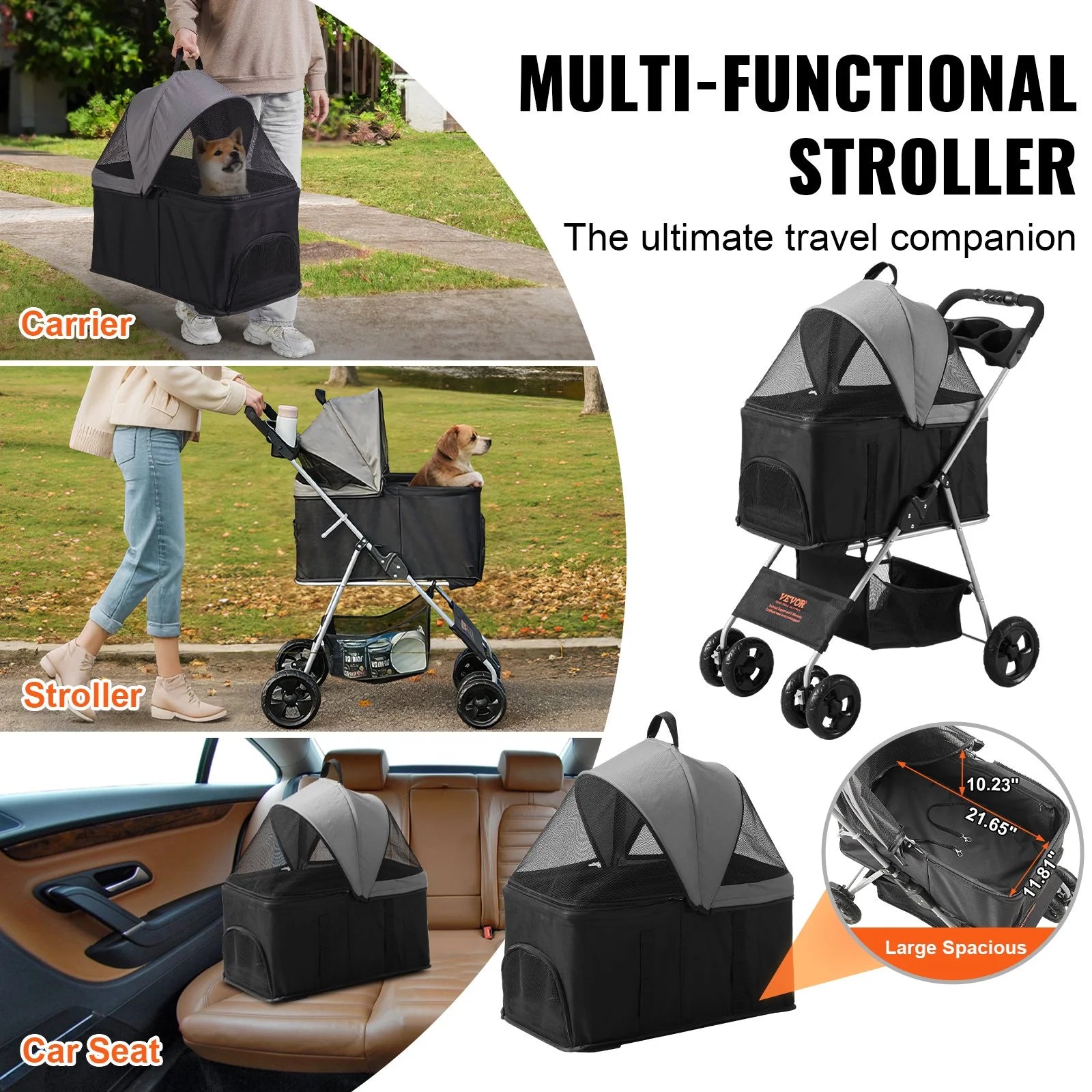 VEVOR Pet Stroller, 4 Wheels Dog Stroller Rotate with Brakes, 35Lbs Weight Capacity, Puppy Stroller with Detachable Carrier, Storage Basket and Cup Holder, for Dogs and Cats Travel, Black+Dark Grey