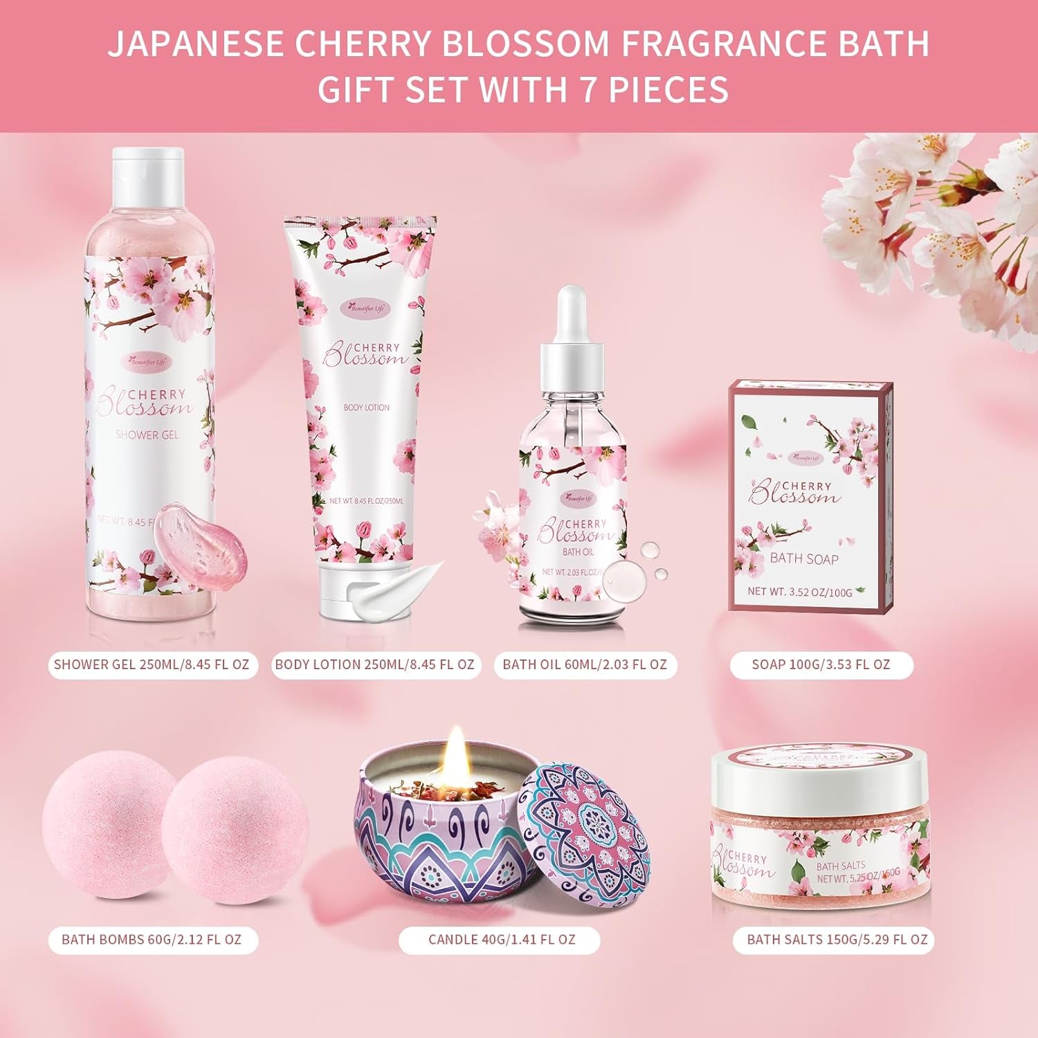 Bath and Body Gift Set for Women & Girls - Japanese Cherry Blossom 7-Piece Luxurious Home Spa Gift Set with Shower Gel, Body Lotion, Bath Oil, Bath Salts, Soap, Bath Bombs, and Candle