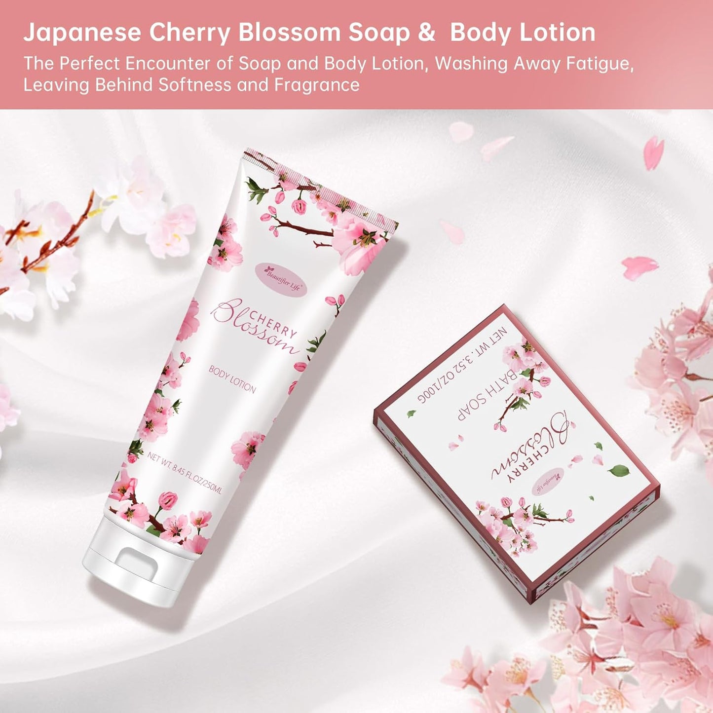 Bath and Body Gift Set for Women & Girls - Japanese Cherry Blossom 7-Piece Luxurious Home Spa Gift Set with Shower Gel, Body Lotion, Bath Oil, Bath Salts, Soap, Bath Bombs, and Candle