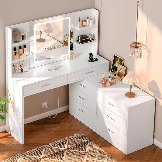 65.9'' Vanity Desk with LED Lighted Mirror;Power Outlet,Modern Corner Makeup Vanity Table 8 Drawers; Open Shelve, Dressing Table