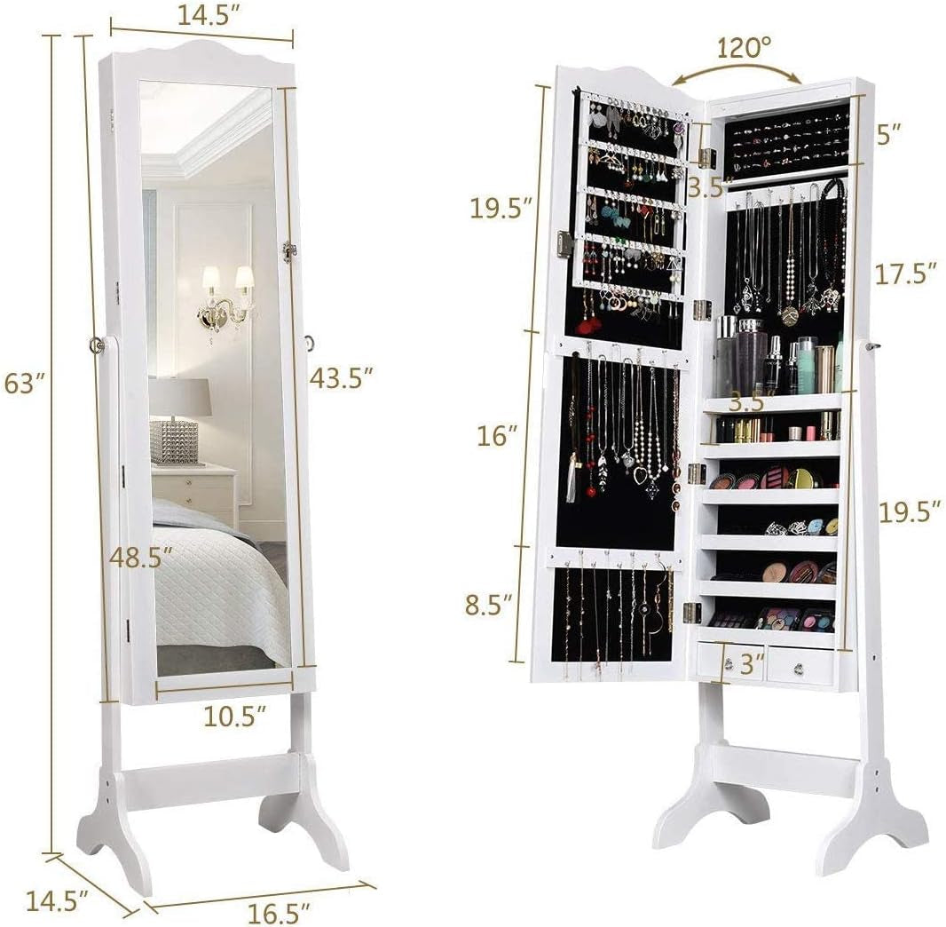 Jewelry Armoire Organizer with Full Length Mirror, 14 Leds Floor Standing Jewelry Cabinet with 2 Drawers, 4 Adjustable Angles, Lockable Jewelry Storage Box Cabinet (White)