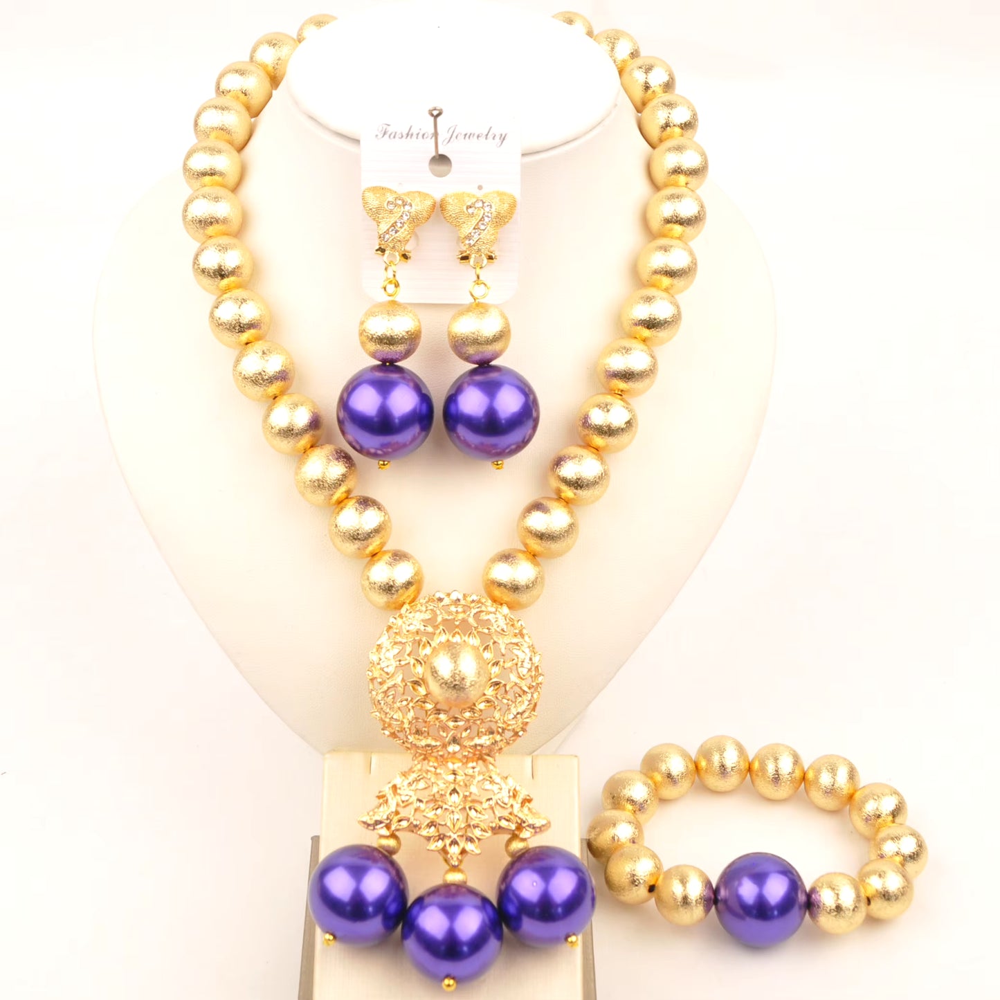 Wedding Jewelry Fashion Purple Glass Pearl Necklace African Wedding Bead Nigerian Bride Wedding Jewelry Set SH-53