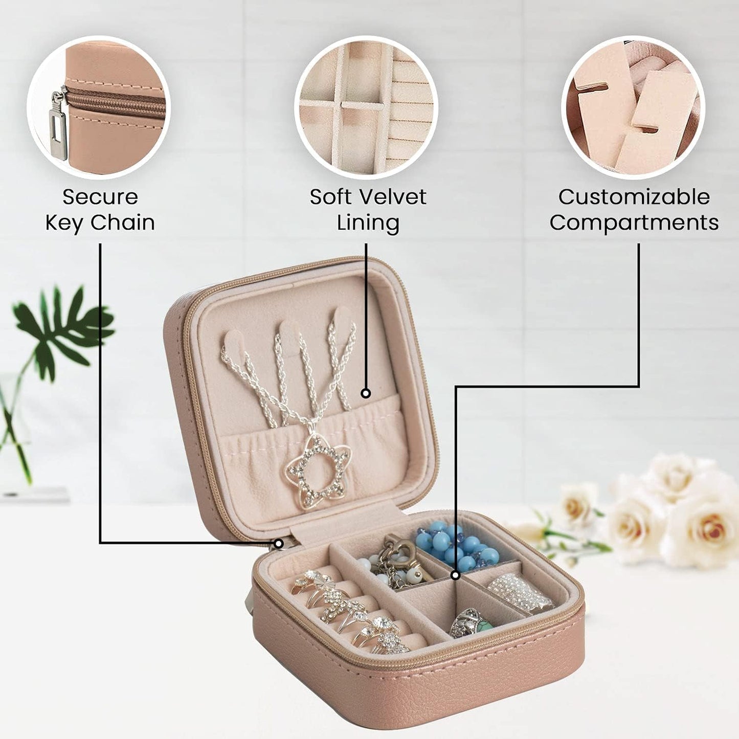 Small Travel Jewelry Organizer Case - Portable Storage Case for Necklace, Earring, Ring, Bracelet - Jewelry Display & Storage Box for Girls & Women (Bronze)